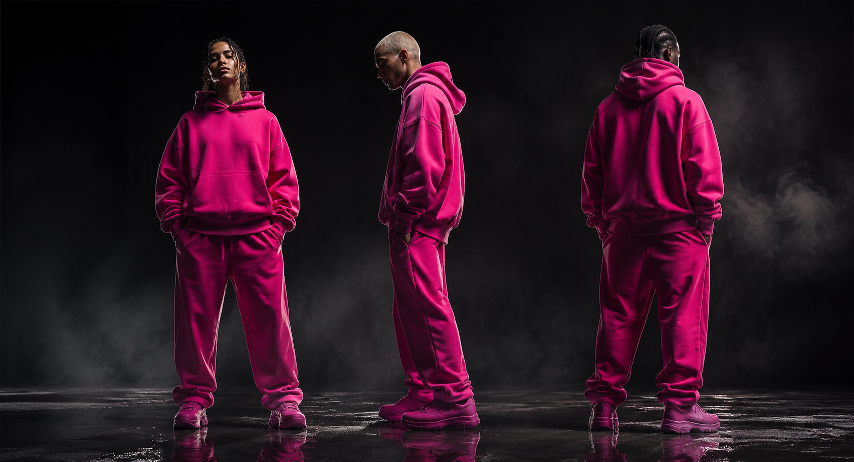 Three models wearing vivid pink NULL THEORY tracksuits